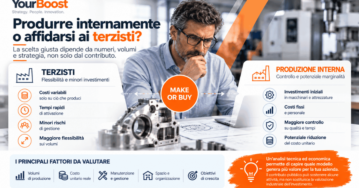 Analisi make or buy per una PMI manifatturiera: confronto tra produzione interna e terzisti, considerando costi industriali, investimenti e marginalità.